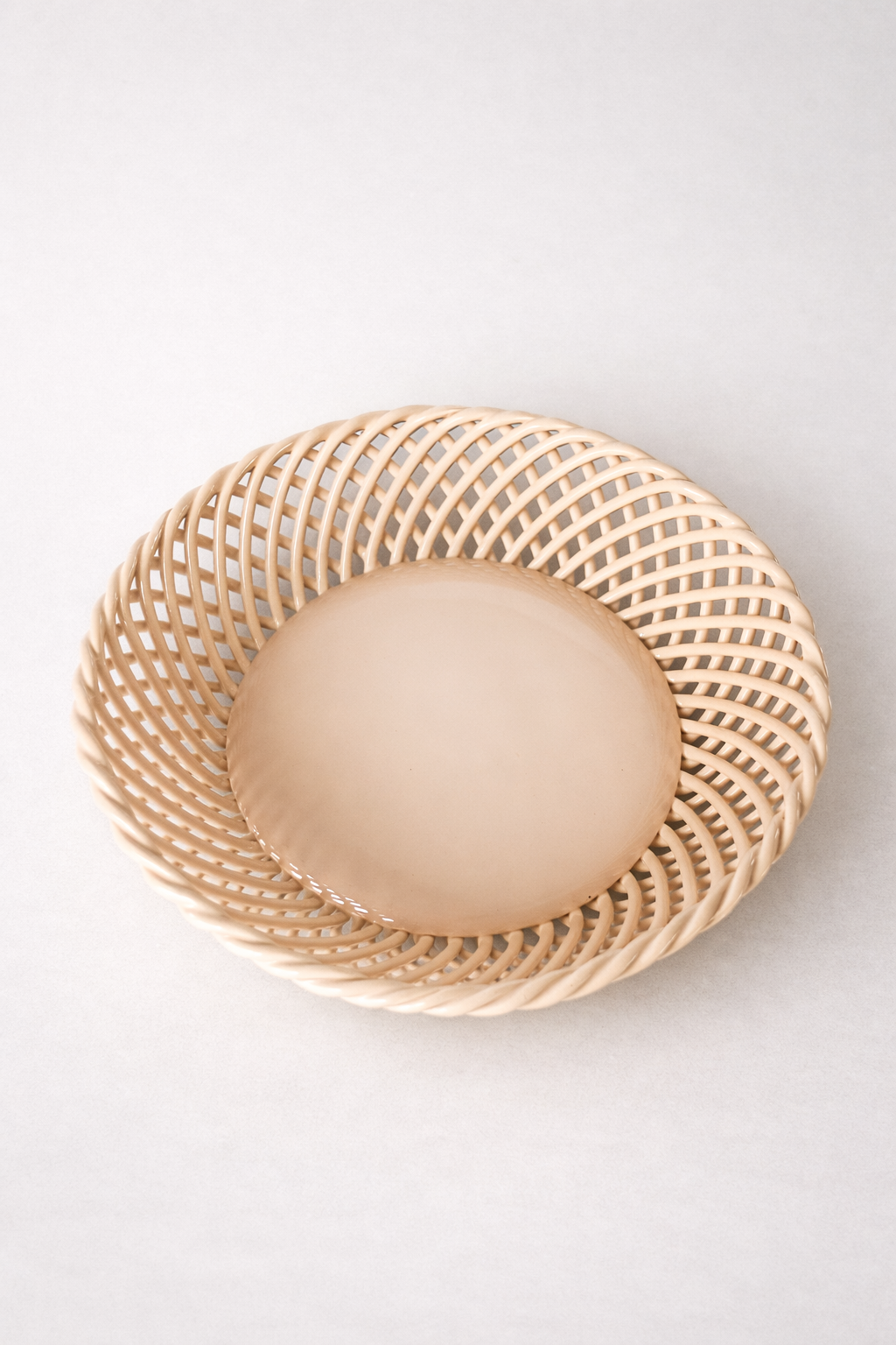 Hand Woven Ceramic Basket in Beige and Pink