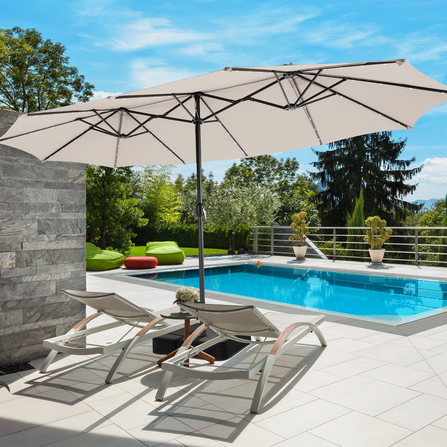 Sombrilla de patio de doble cara de 15 pies con 48 luces LED - Beige
