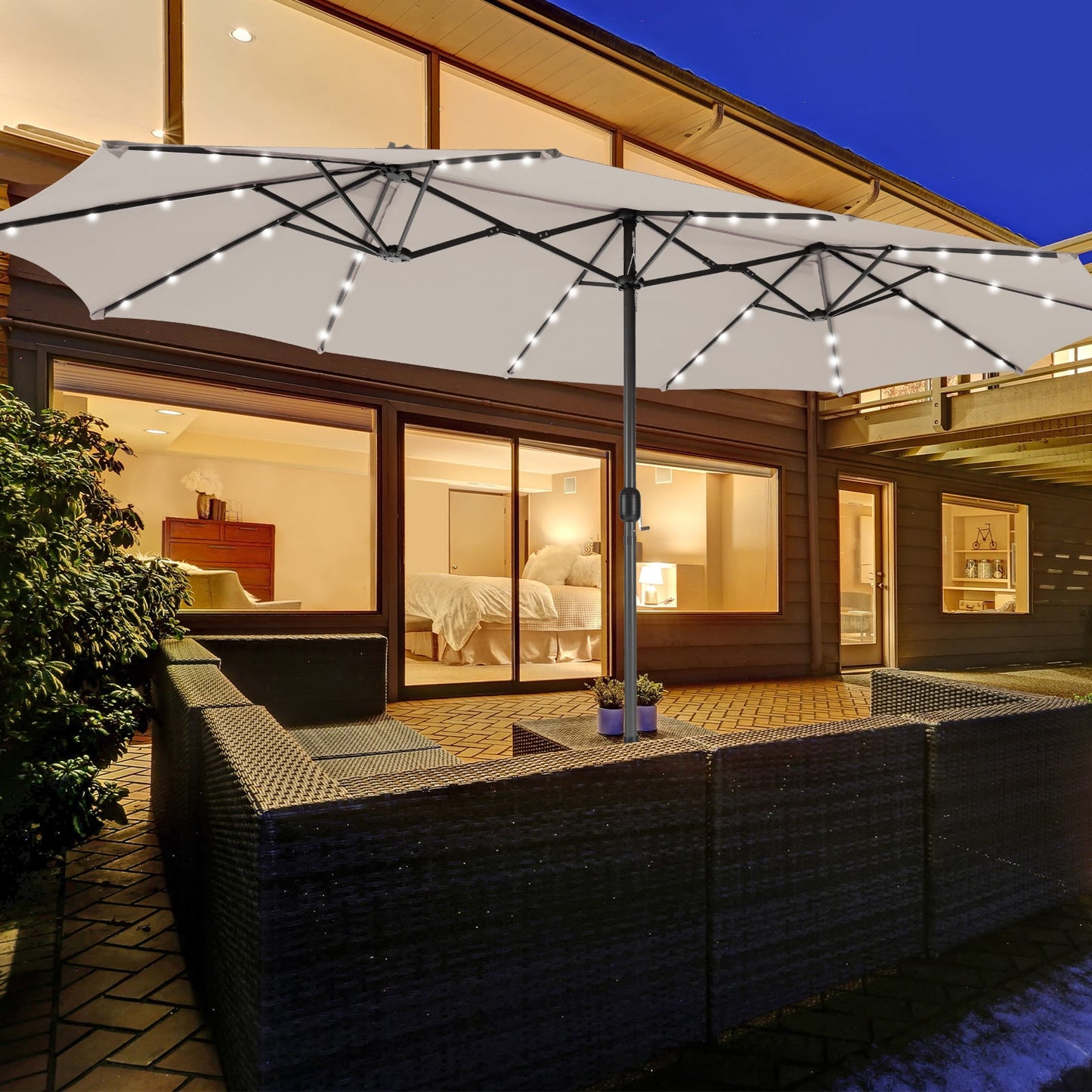 Sombrilla de patio de doble cara de 15 pies con 48 luces LED - Beige