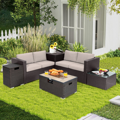 Juego de Muebles de Mimbre para Exterior de 6 Piezas con Mesa con Fogón de Propano de 32 Pulgadas-Beige