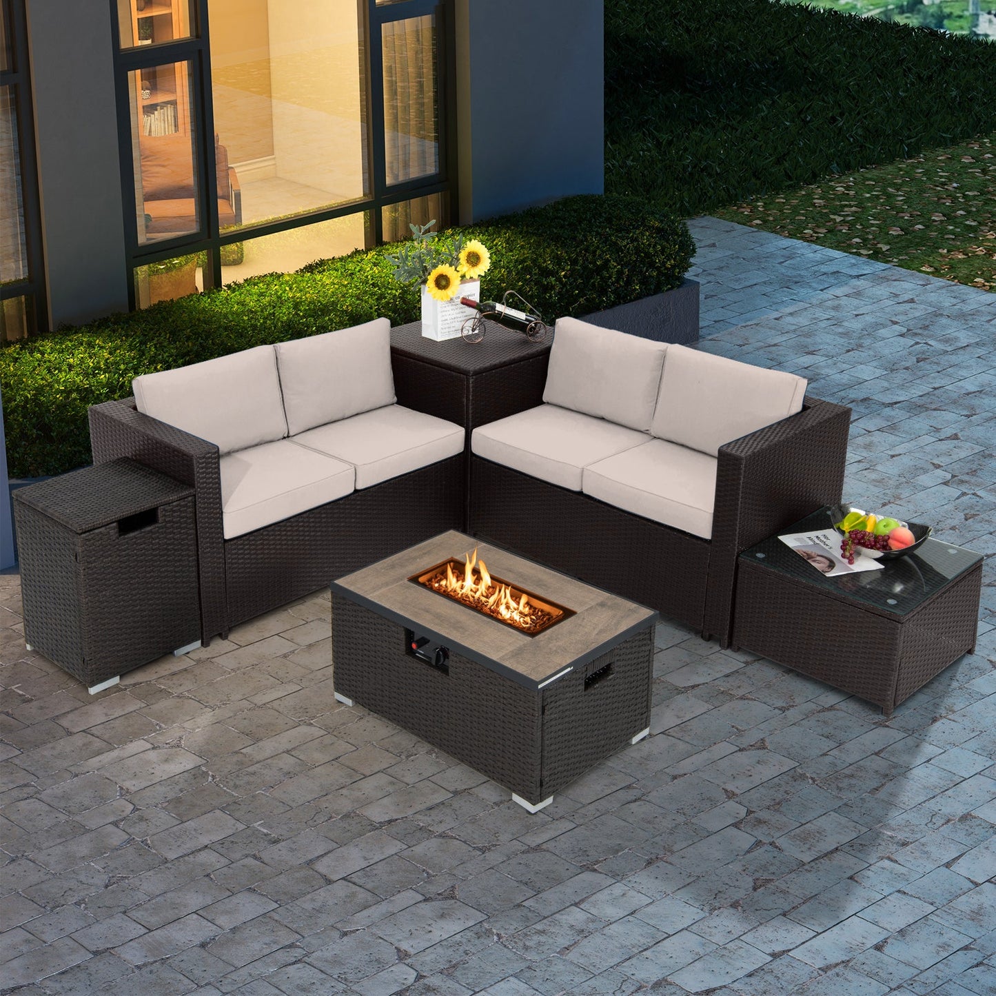 Juego de Muebles de Mimbre para Exterior de 6 Piezas con Mesa con Fogón de Propano de 32 Pulgadas-Beige