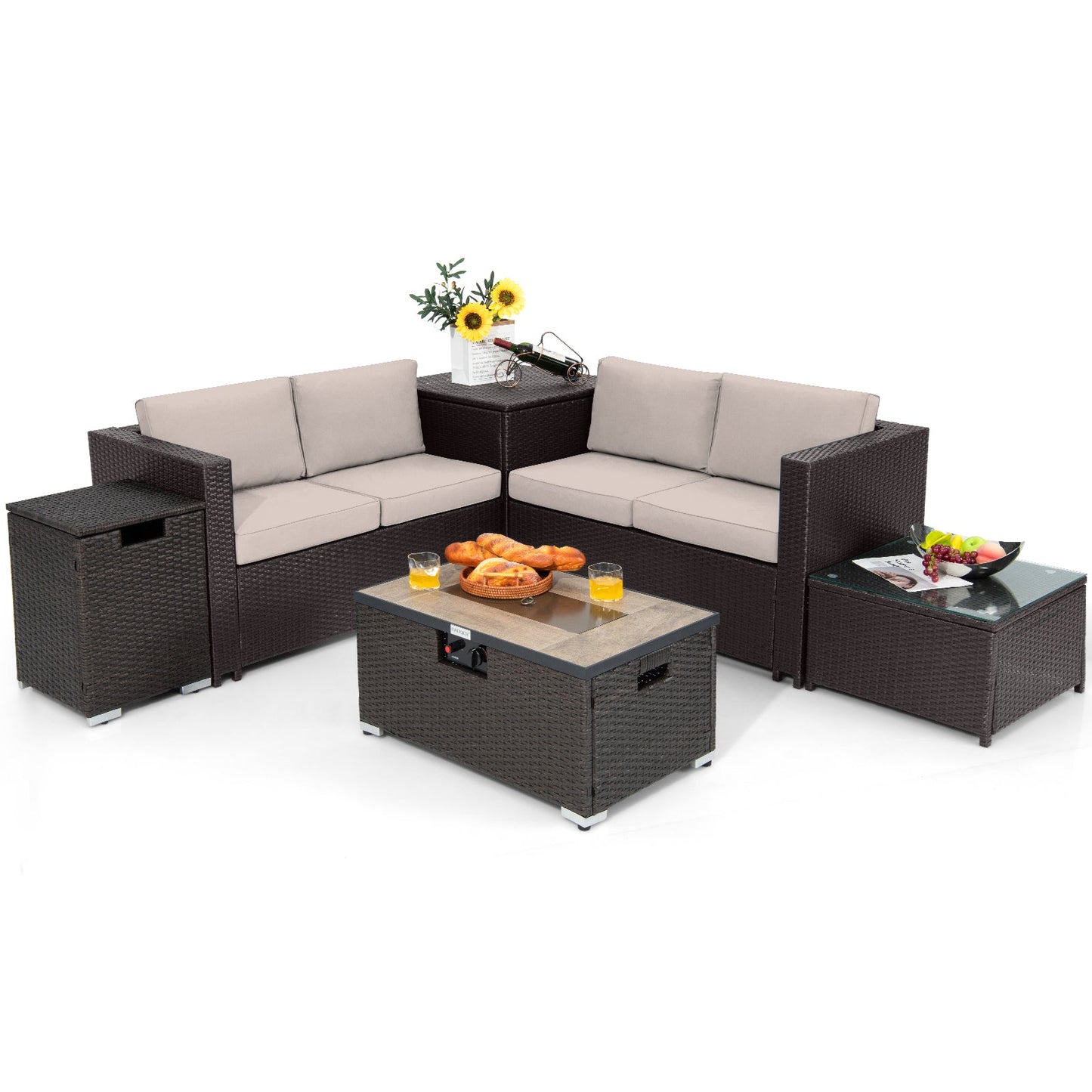 Juego de Muebles de Mimbre para Exterior de 6 Piezas con Mesa con Fogón de Propano de 32 Pulgadas-Beige