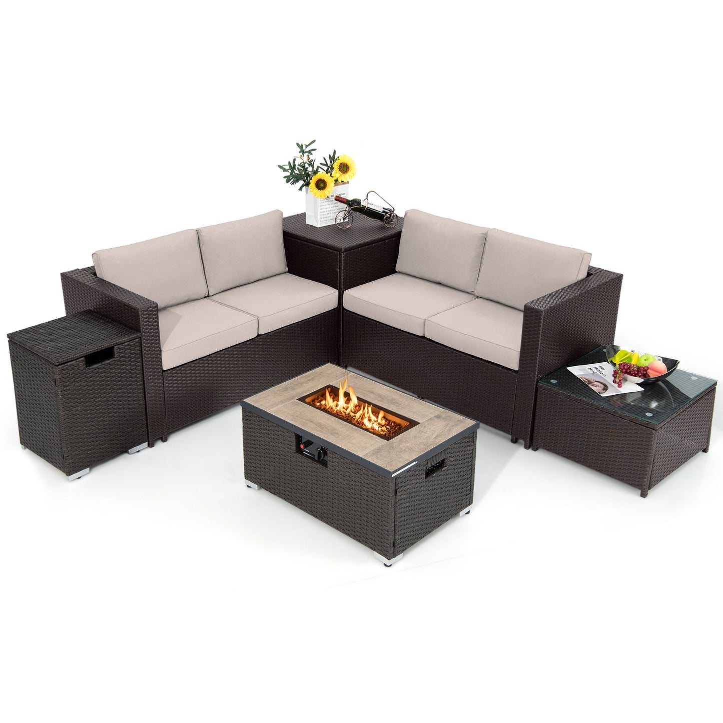 Juego de Muebles de Mimbre para Exterior de 6 Piezas con Mesa con Fogón de Propano de 32 Pulgadas-Beige