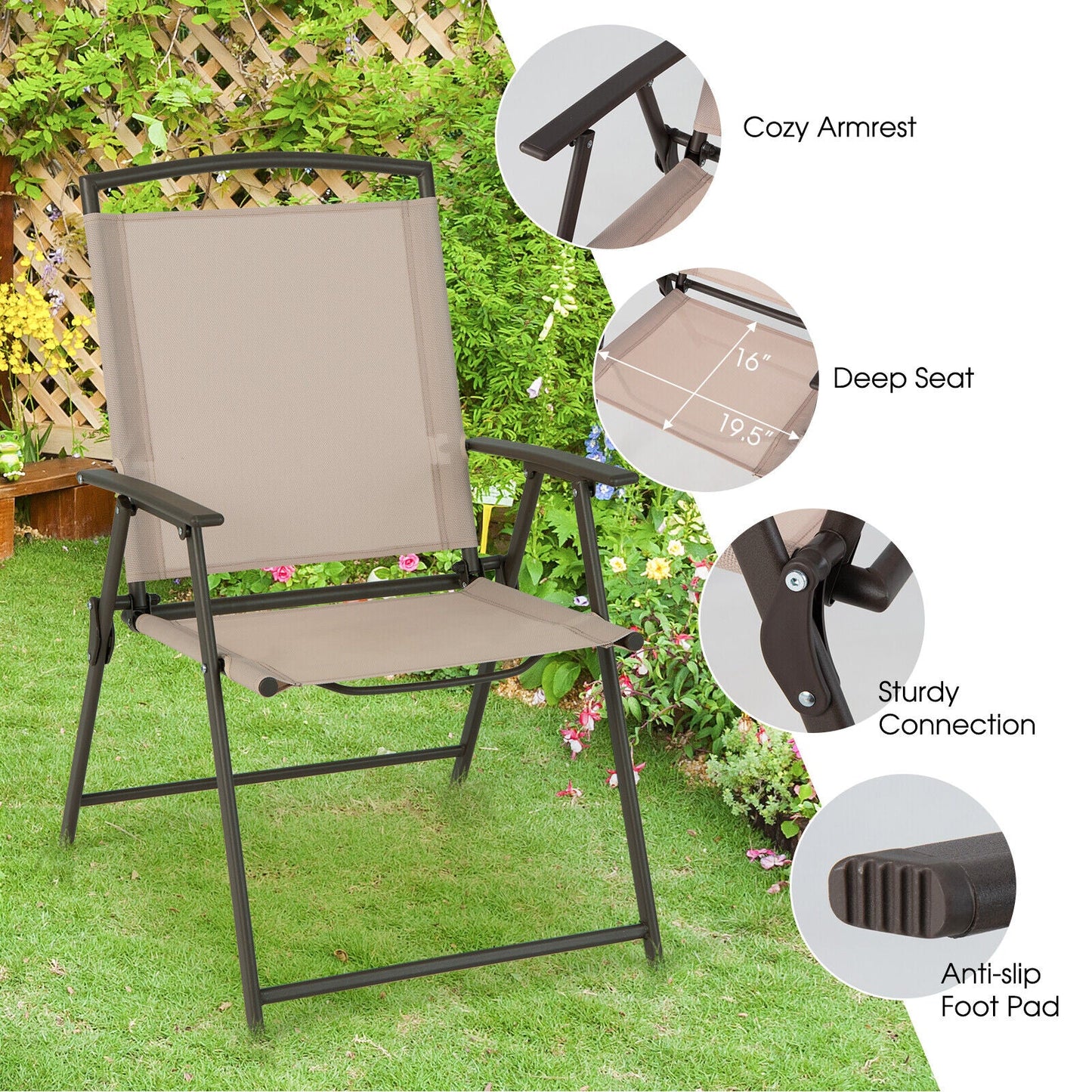 Juego de 2 sillas de comedor para patio con reposabrazos y estructura de acero inoxidable-Beige
