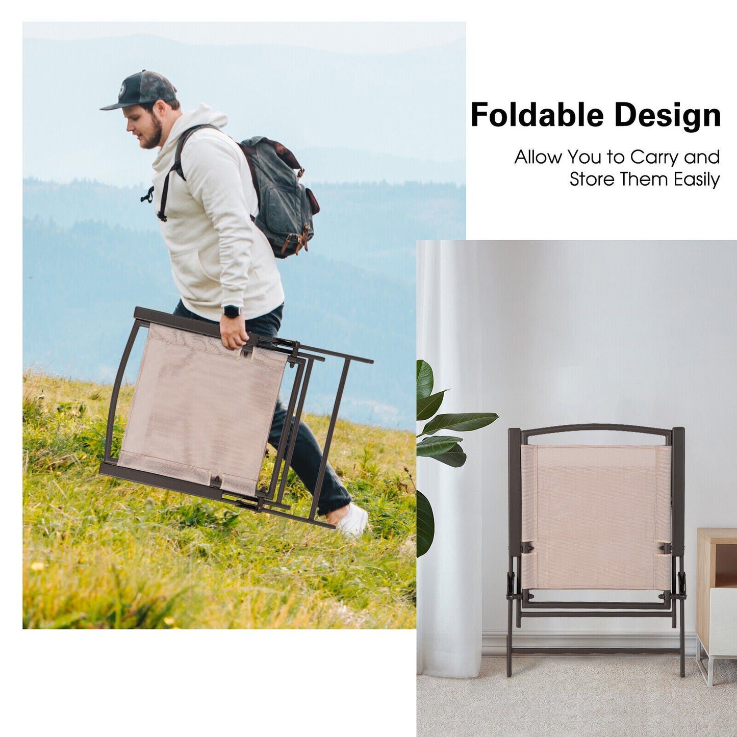 Juego de 2 sillas de comedor para patio con reposabrazos y estructura de acero inoxidable-Beige