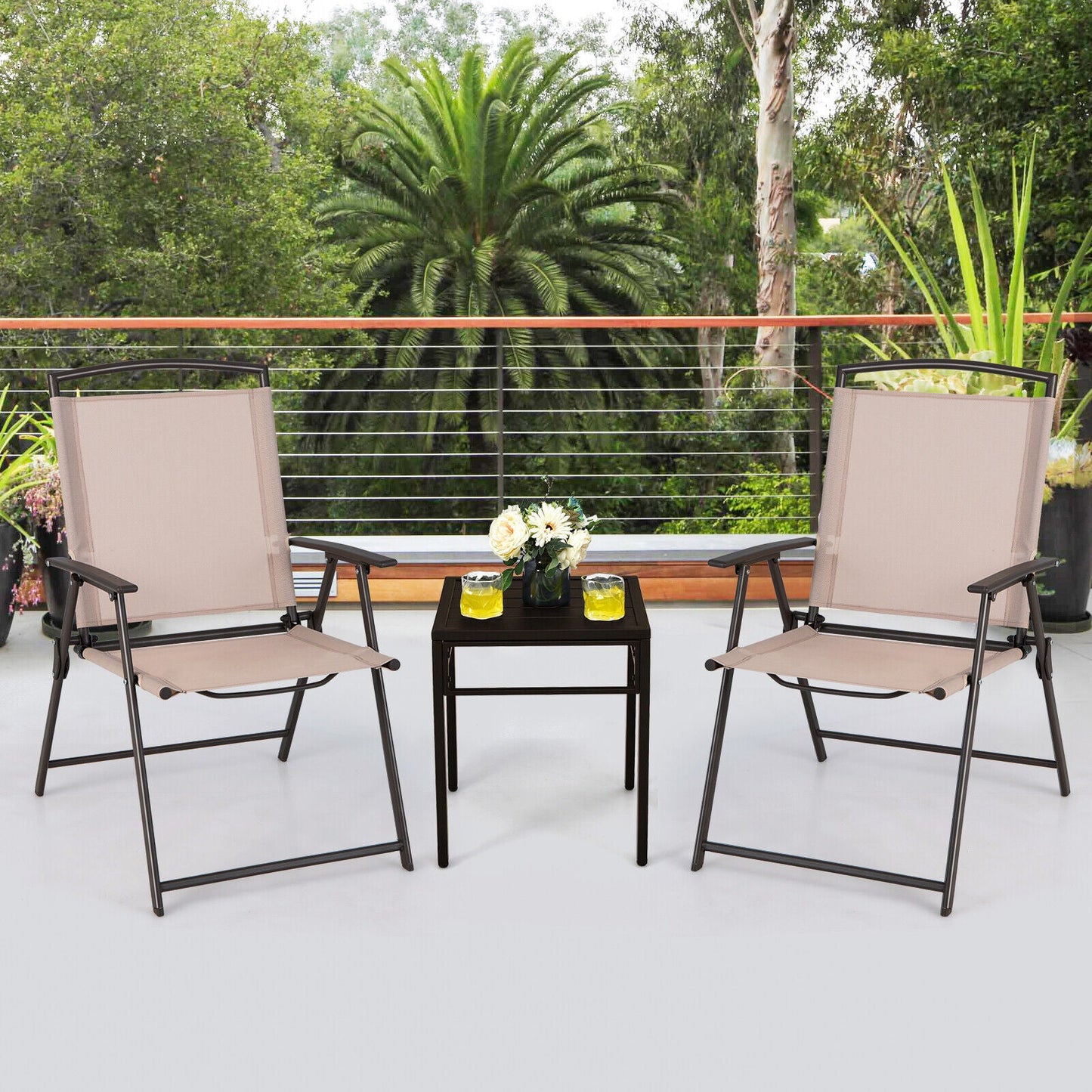 Juego de 2 sillas de comedor para patio con reposabrazos y estructura de acero inoxidable-Beige