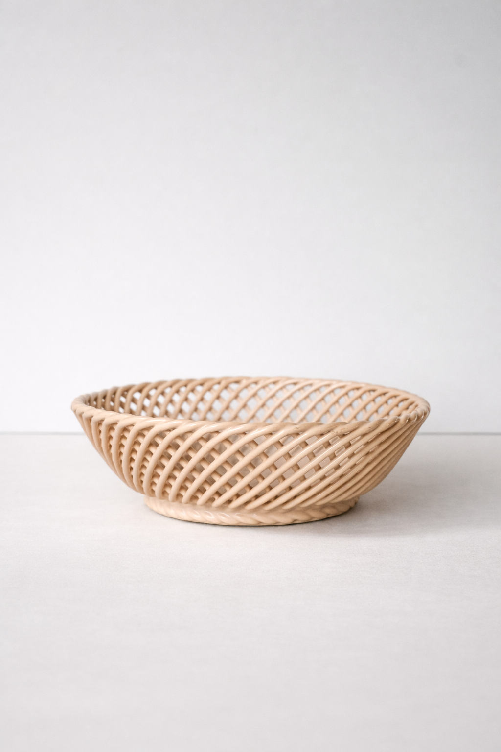 Hand Woven Ceramic Basket in Beige and Pink