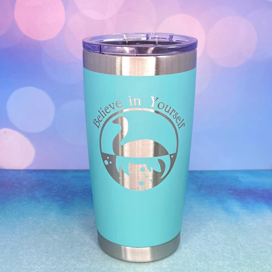Believe in Yourself Nessie 20oz tumbler turquoise with Nessie graphic on Tampa Home & Garden Store
