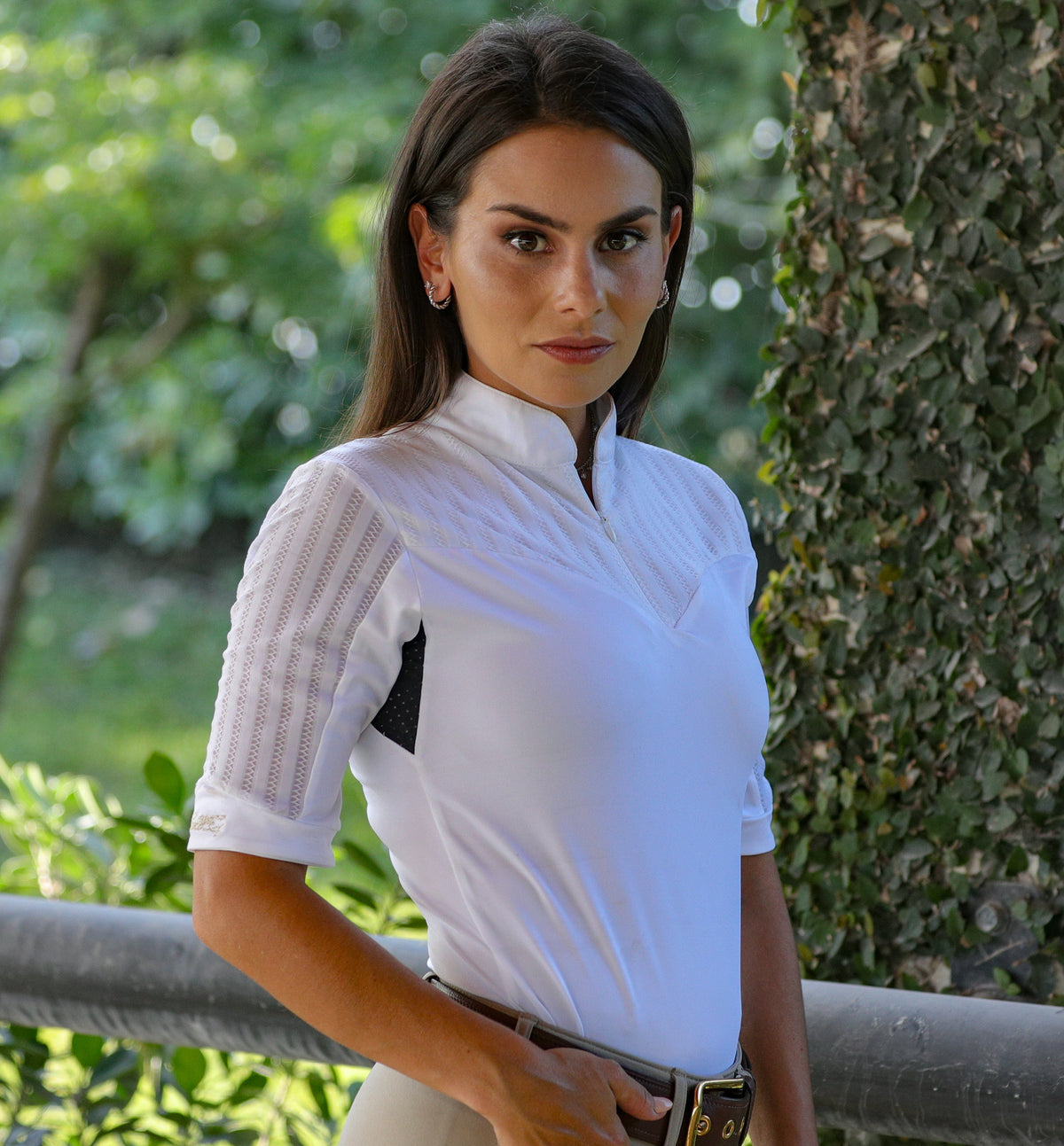 LOLLY Show Shirt Short Sleeve white riding top with textured sleeves BellEq Equestrian Apparel on Tampa Home & Garden Store
