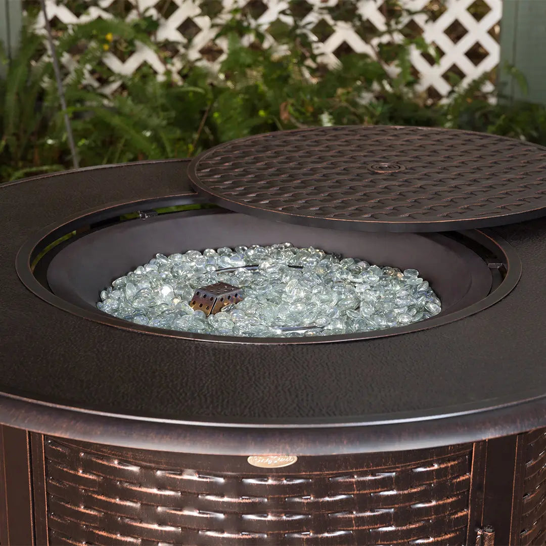 Bellante 44-inch round woven aluminum gas fire pit table with glass fire beads and center burner on Tampa Home & Garden Store