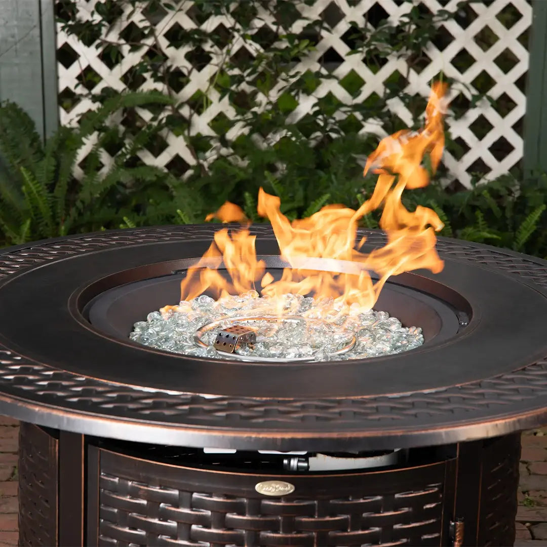 Bellante round woven aluminum gas fire pit table with embers flames Fire Sense/Balkene Home on Tampa Home & Garden Store