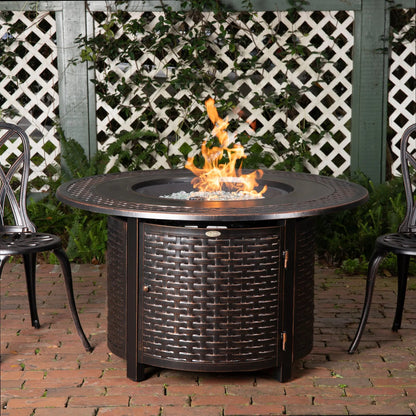Bellante 44in Round Woven Aluminum Gas Fire Pit Table dark brown wicker with glass rocks on Tampa Home & Garden Store