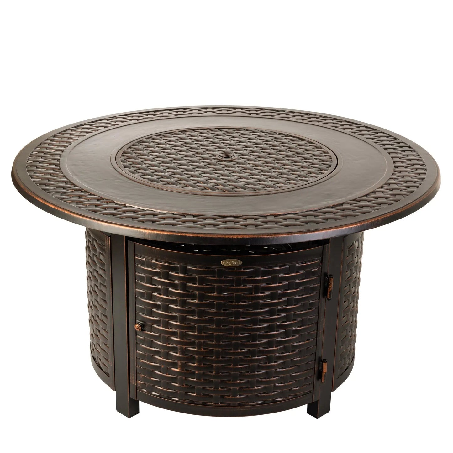 Bellante 44in round woven aluminum gas fire pit table bronze with lattice top on Tampa Home & Garden Store