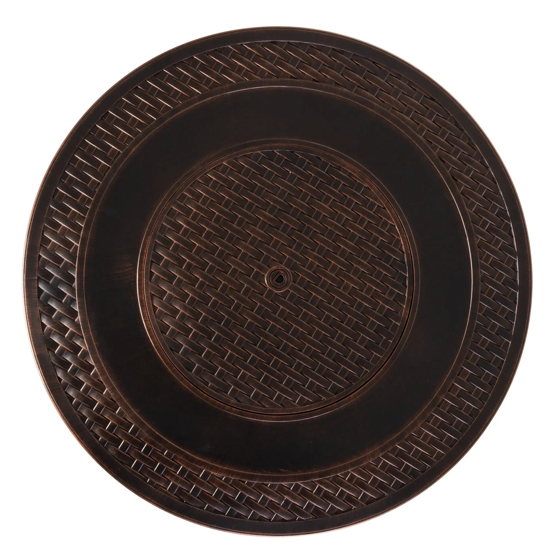 Bellante 44-inch round woven aluminum gas fire pit table dark bronze braided pattern on Tampa Home & Garden Store