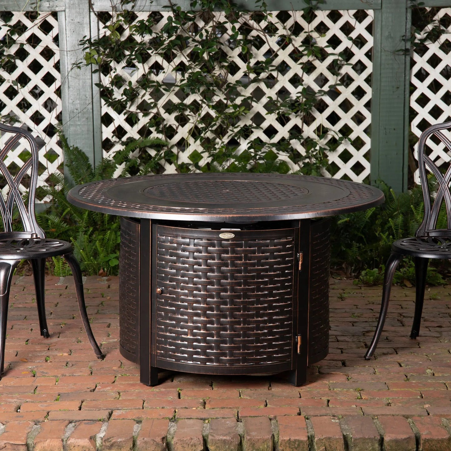 Bellante 44in round woven aluminum gas fire pit table with Fire Sense logo on Tampa Home & Garden Store