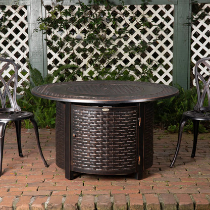 Bellante 44in round woven aluminum gas fire pit table with Fire Sense logo on Tampa Home & Garden Store