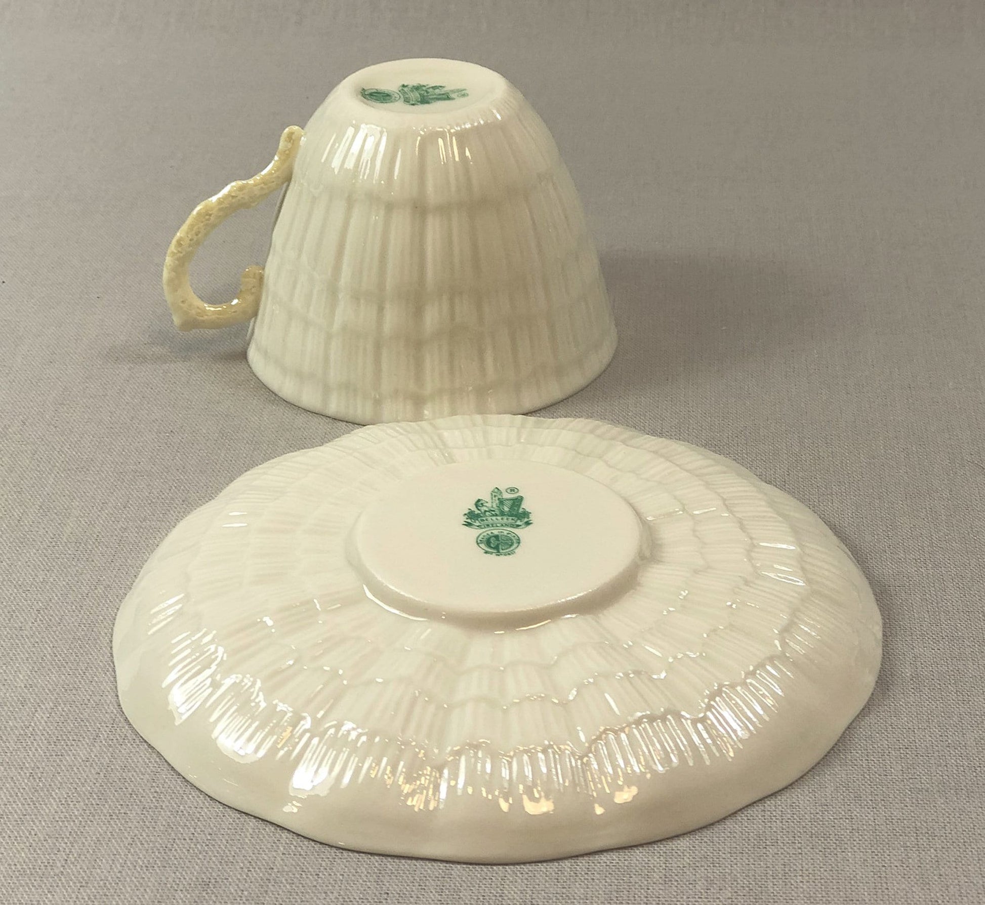 Belleek Cup and Saucer.  Sea Shell Pattern Tea Set Made of Dainty Porcelain in Ireland.  Antique Reg 0857. - Tampa Home & Garden Store