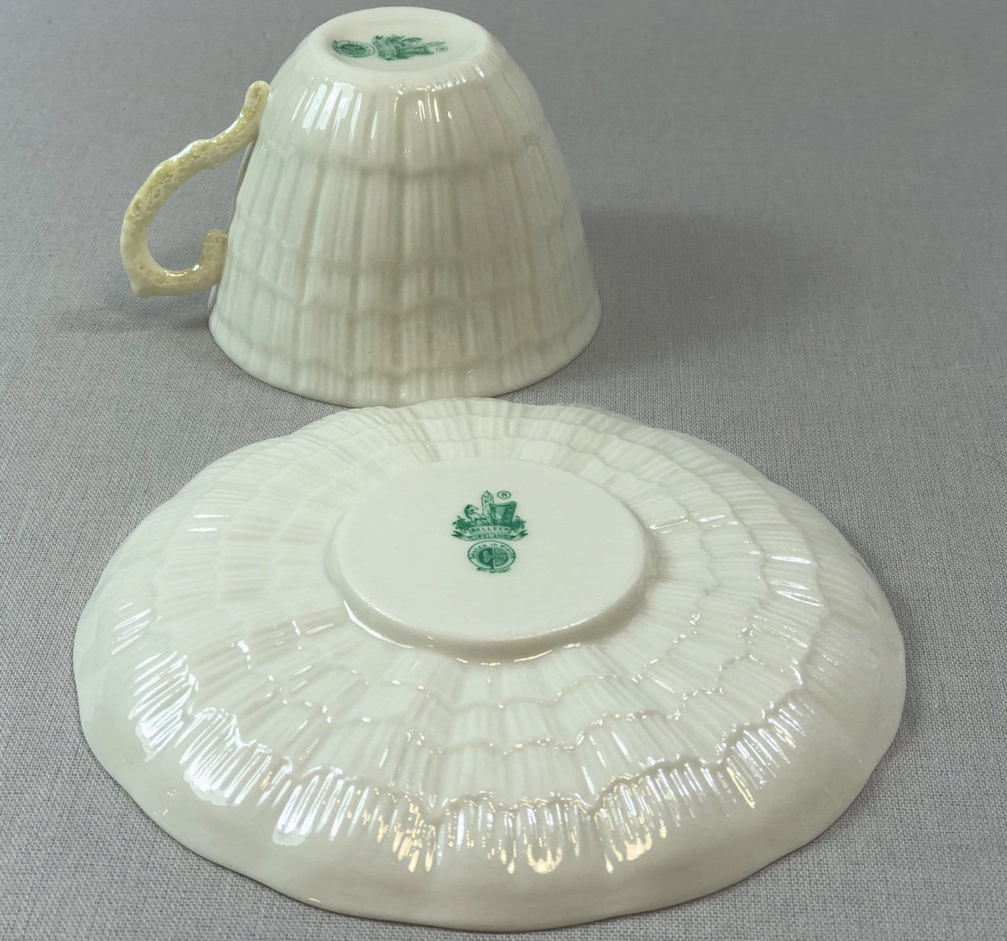 Belleek Cup and Saucer.  Sea Shell Pattern Tea Set Made of Dainty Porcelain in Ireland.  Antique Reg 0857. - Tampa Home & Garden Store