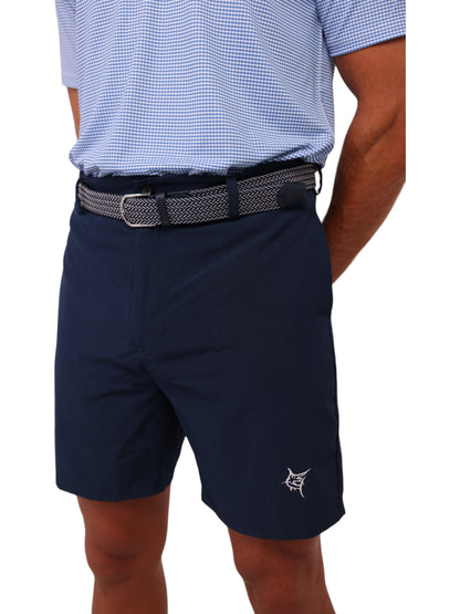 Waterline braided belt in navy and gray with silver buckle worn with navy shorts on Tampa Home & Garden Store