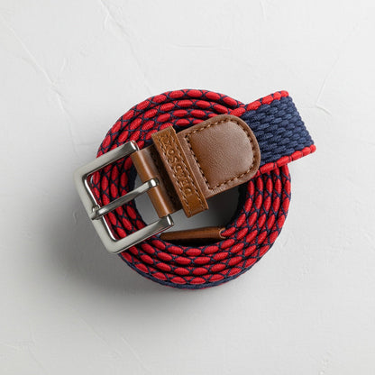 Oxford Woven Belt DeadSoxy team colors red navy weave with brown leather trim and silver buckle on Tampa Home & Garden Store