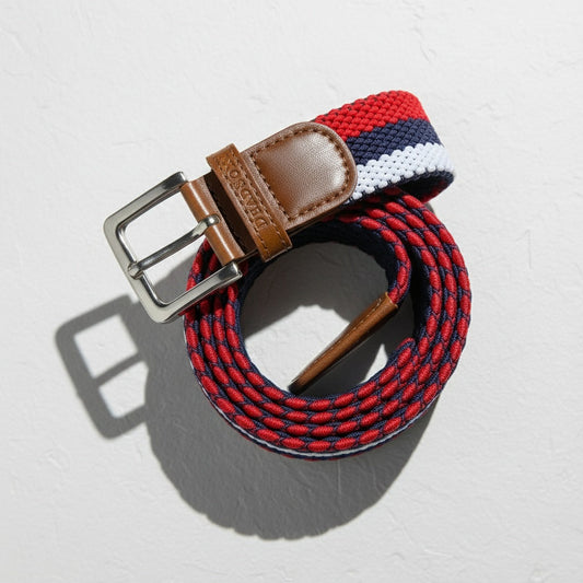 Three Color Woven Belt DeadSoxy team colorways with red navy stripe strap and leather tip on Tampa Home & Garden Store