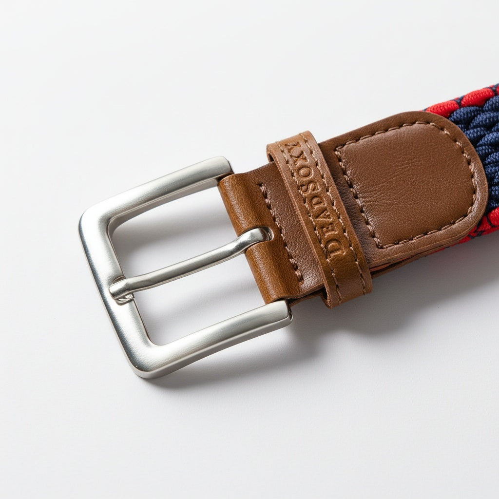Oxford Woven Belt DeadSoxy navy red strap with brown leather tip and buckle on Tampa Home & Garden Store