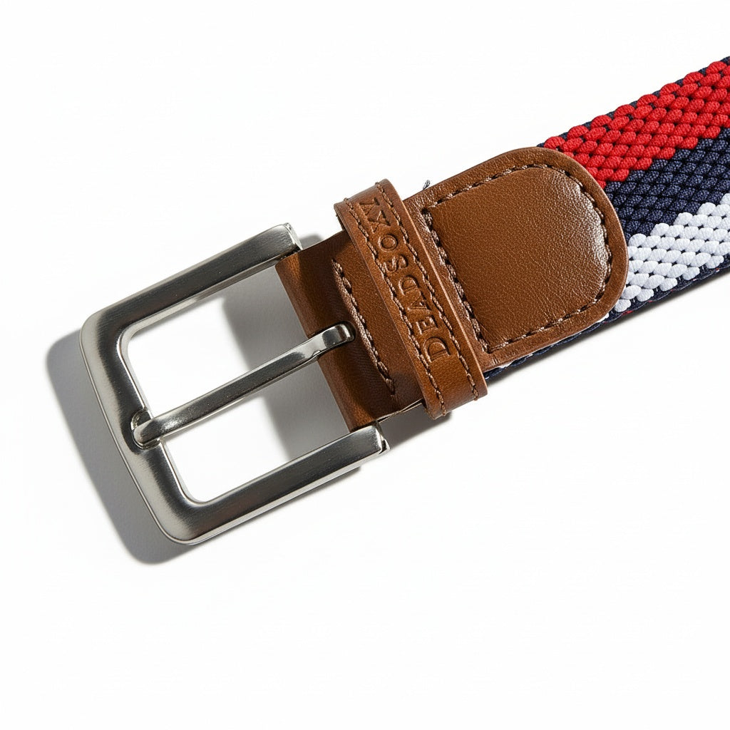 Three Color Woven Belt red white blue team strap DeadSoxy leather keeper silver buckle on Tampa Home & Garden Store