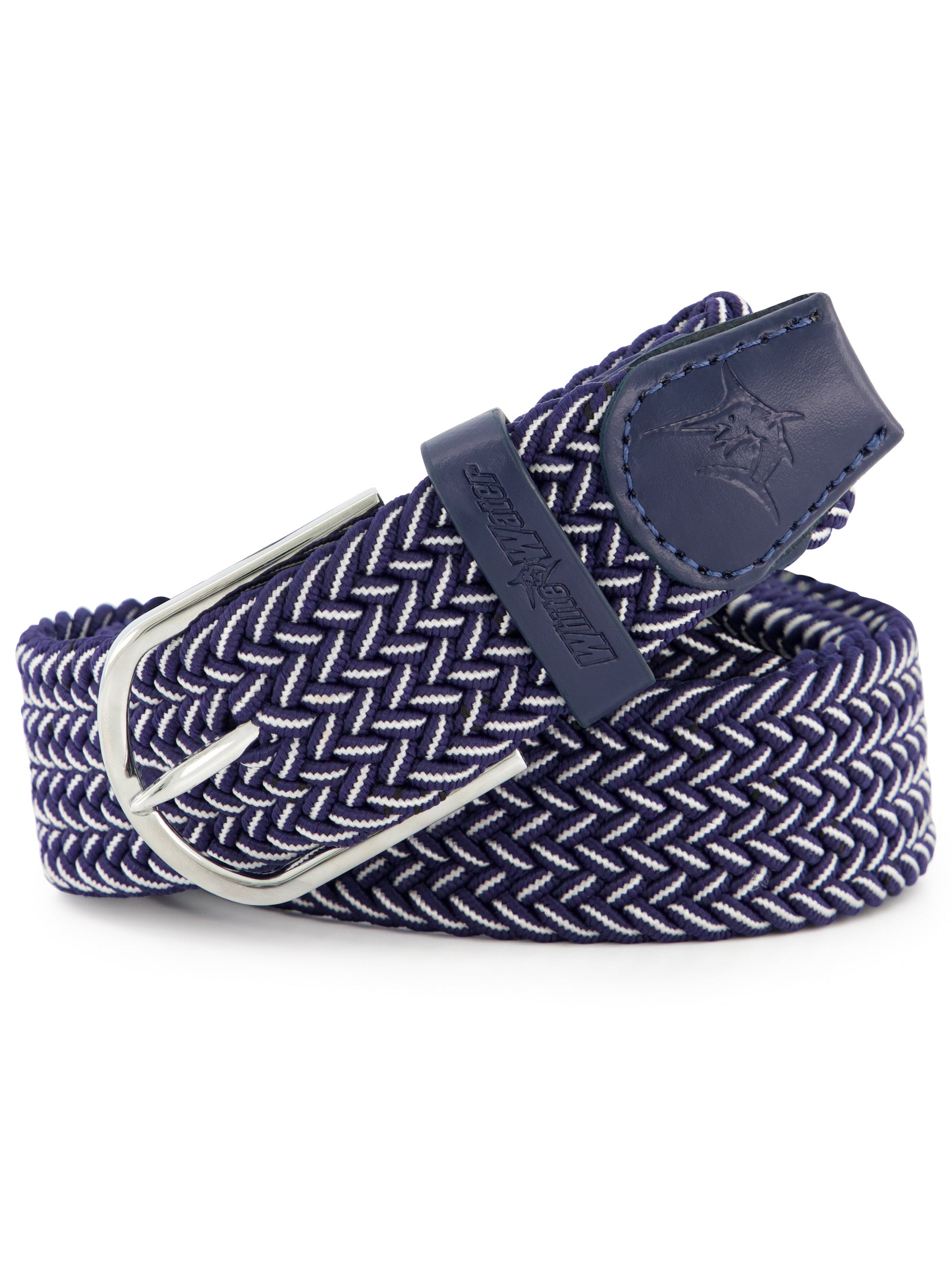 Waterline braided belt navy blue with white accents, end tab with wave logo White Water Life on Tampa Home & Garden Store