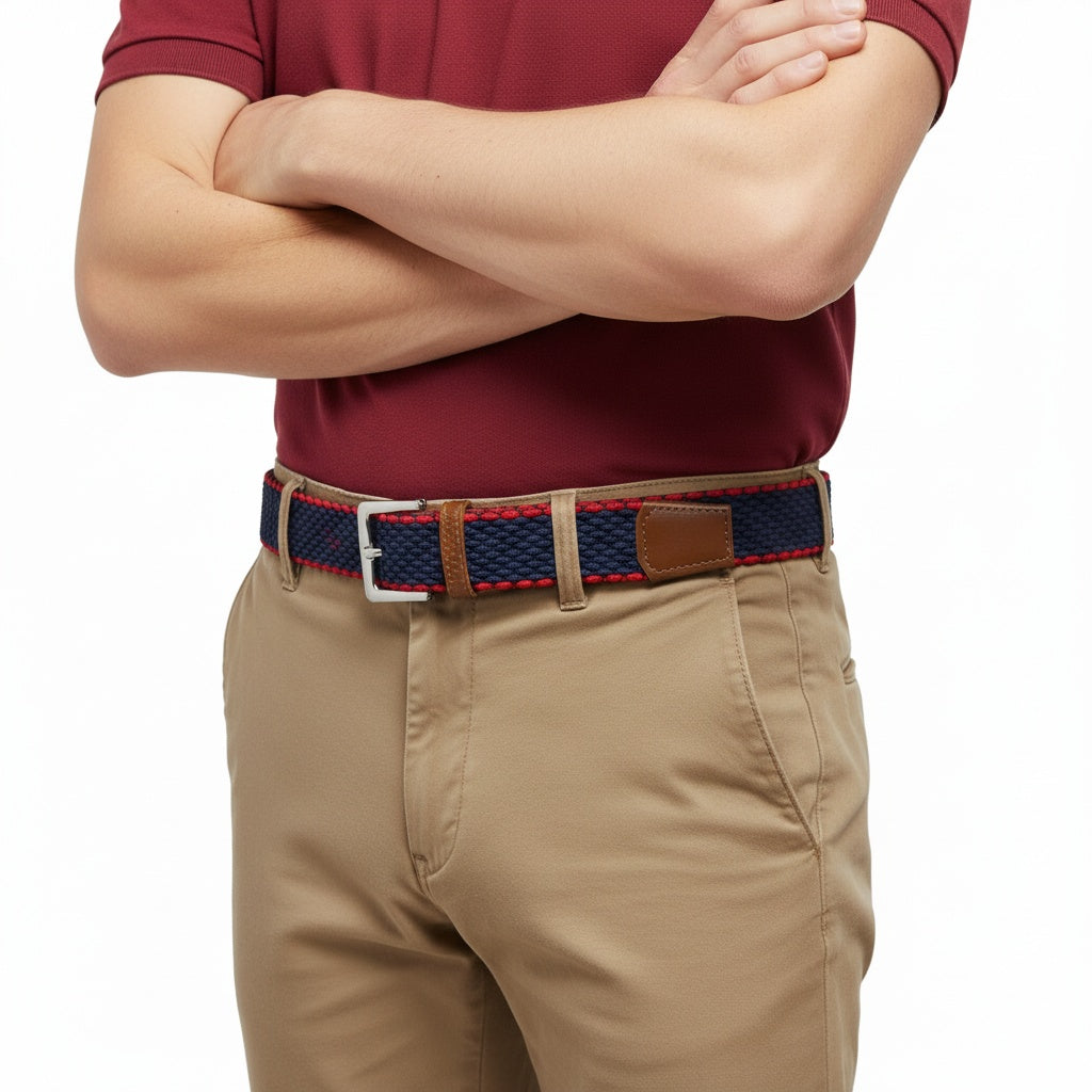 Oxford Woven Belt in navy with red stitching and brown leather keeper, worn with khaki pants on Tampa Home & Garden Store