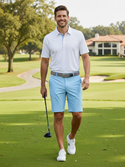 Waterline Braided Belt by White Water Life, black/white woven belt worn with light blue shorts on Tampa Home & Garden Store