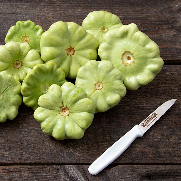 Benning's GT Summer Squash green patty-pan squash cluster with knife on rustic board on Tampa Home & Garden Store