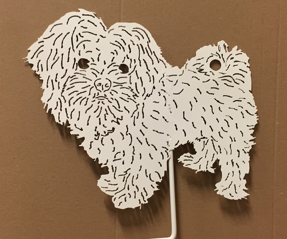 Maltipoo statue wall art, white metal cutout of two fluffy dogs by Rustica Ornamentals on Tampa Home & Garden Store