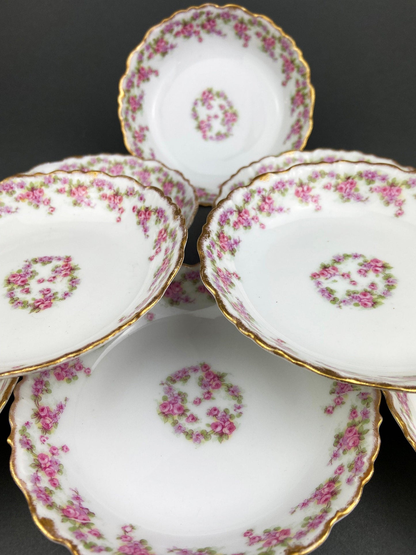 Berry Bowls by Limoges Elite. Set of Eight Berry Bowls. 5 inch Serving Bowls with Pink Roses & Scalloped Rim. - Tampa Home & Garden Store