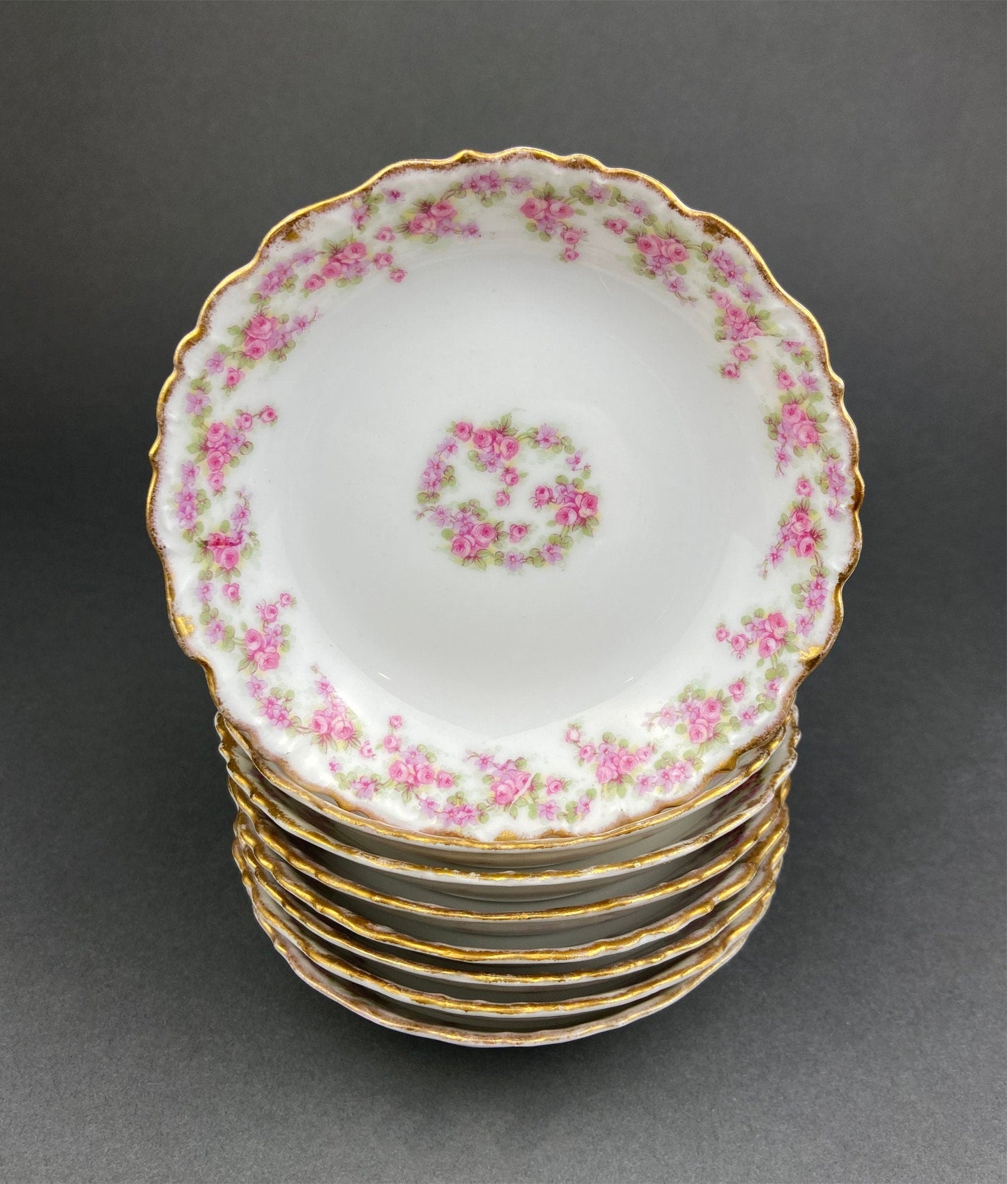 Berry Bowls by Limoges Elite. Set of Eight Berry Bowls. 5 inch Serving Bowls with Pink Roses & Scalloped Rim. - Tampa Home & Garden Store