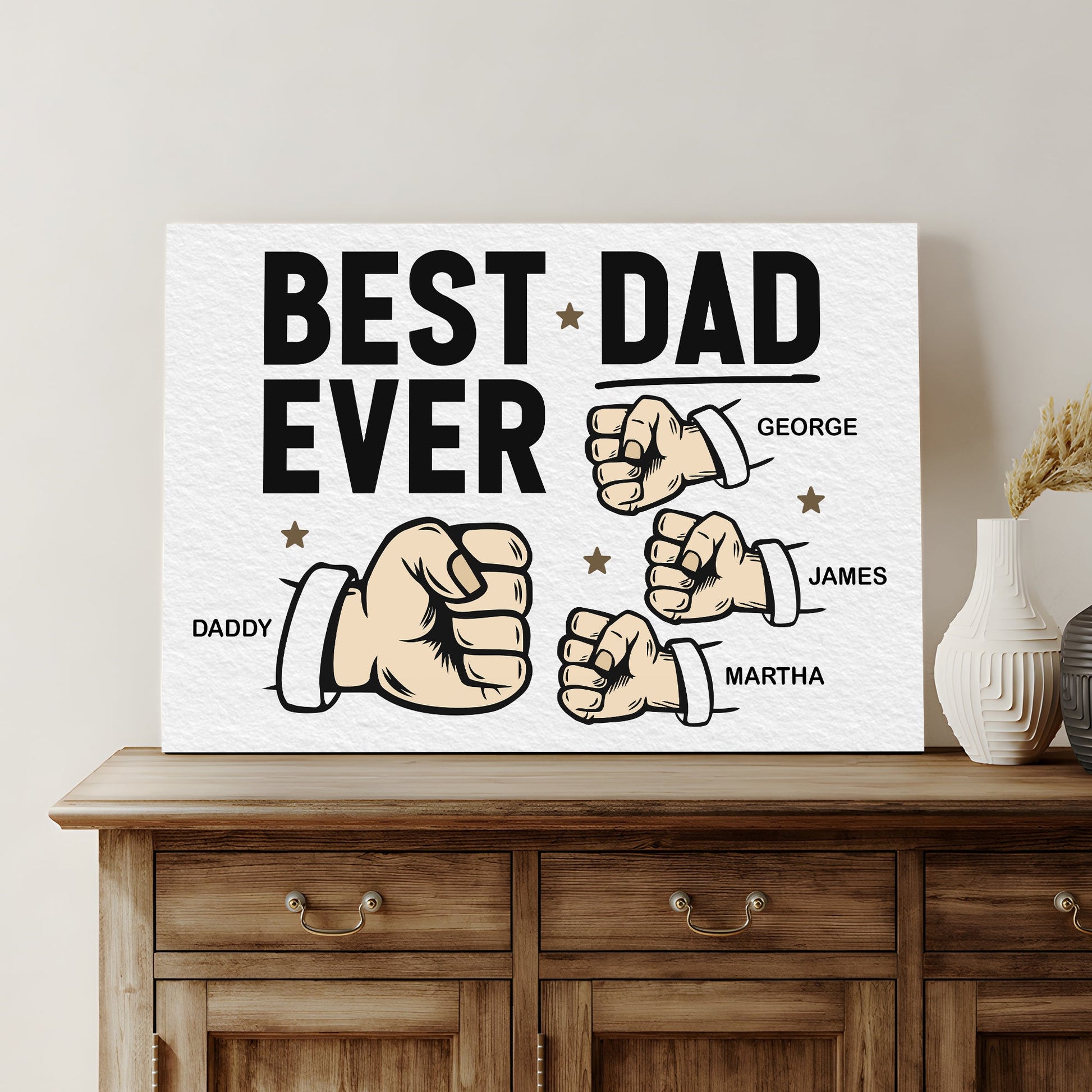Best Dad Ever canvas sign by Tailored Canvases with bold black type and fists on canvas on Tampa Home & Garden Store