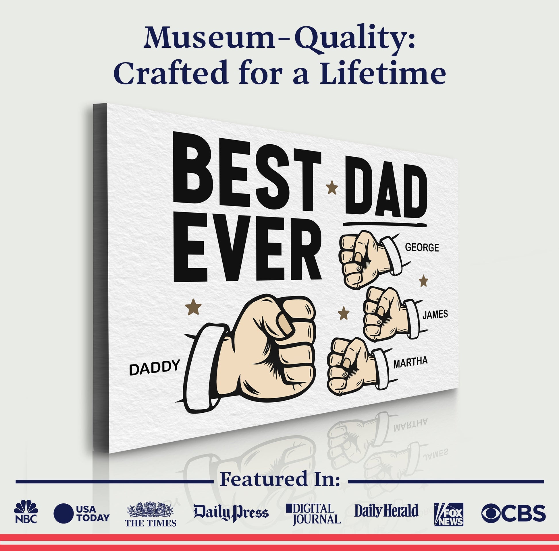 Canvas sign Best Dad Ever wall art with bold black text and raised fists on white canvas on Tampa Home & Garden Store