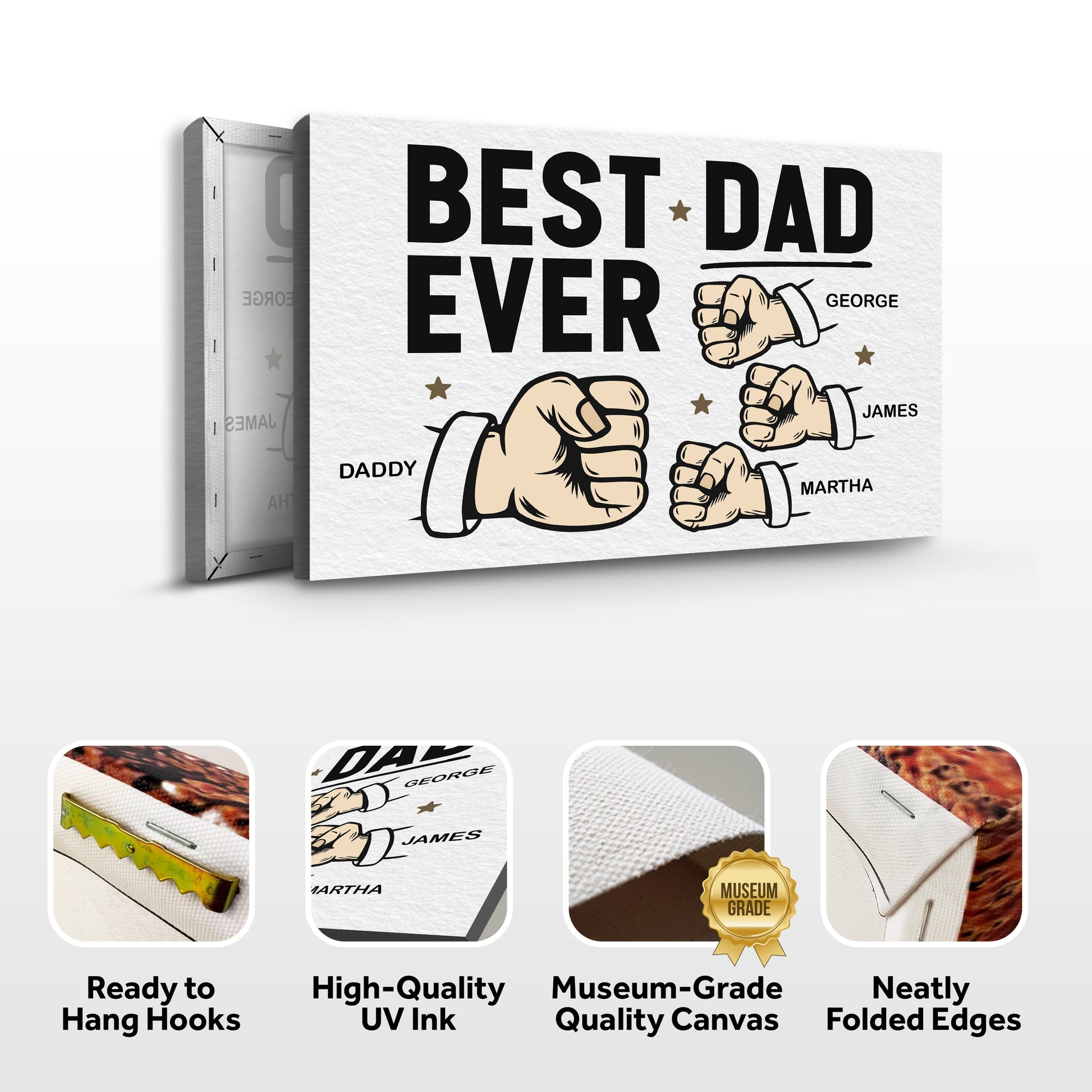 Best Dad Ever Fathers Day Gift Sign canvas by Tailored Canvases with bold black type and fist art on white canvas on Tampa Home & Garden Store