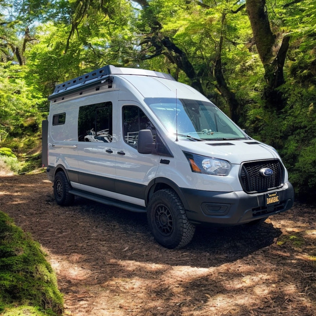 Avatar Ford Transit Rockbody Side Steps on white camper van with roof rack in a forest setting on Tampa Home & Garden Store