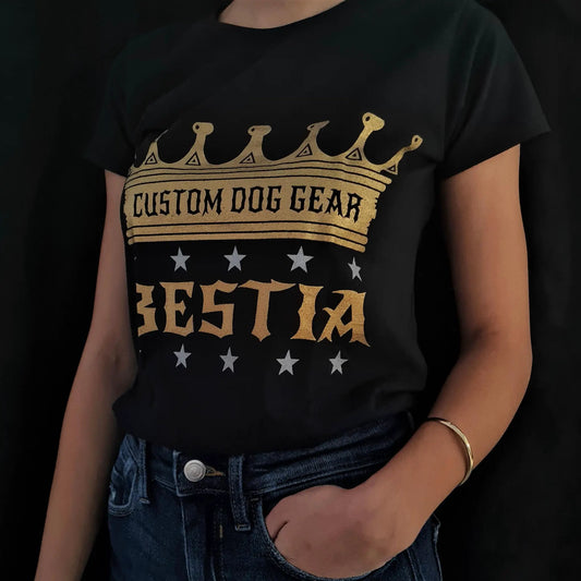 Bestia Dog Gear unisex T shirt in black with gold crown logo and CUSTOM DOG GEAR on Tampa Home & Garden Store