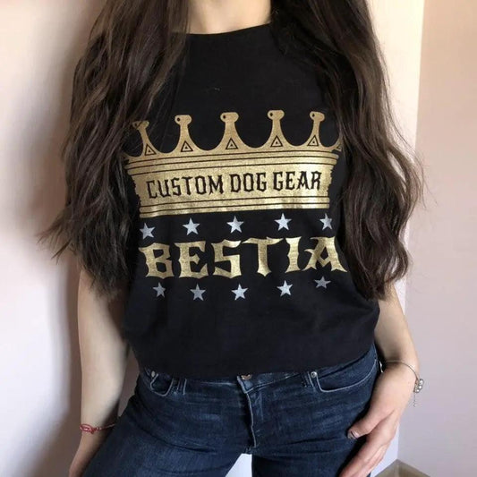 Bestia T Shirt black comfort fit with gold crown logo and BESTIA lettering CUSTOM DOG GEAR on Tampa Home & Garden Store