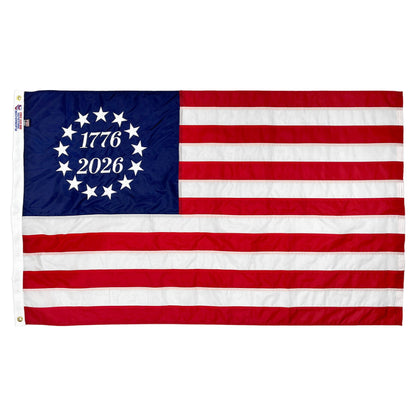 Bandera de nailon de Betsy Ross del 250 Aniversario 3'x5' - 13 estrellas 1776 a 2026 | Hecha en EE. UU.