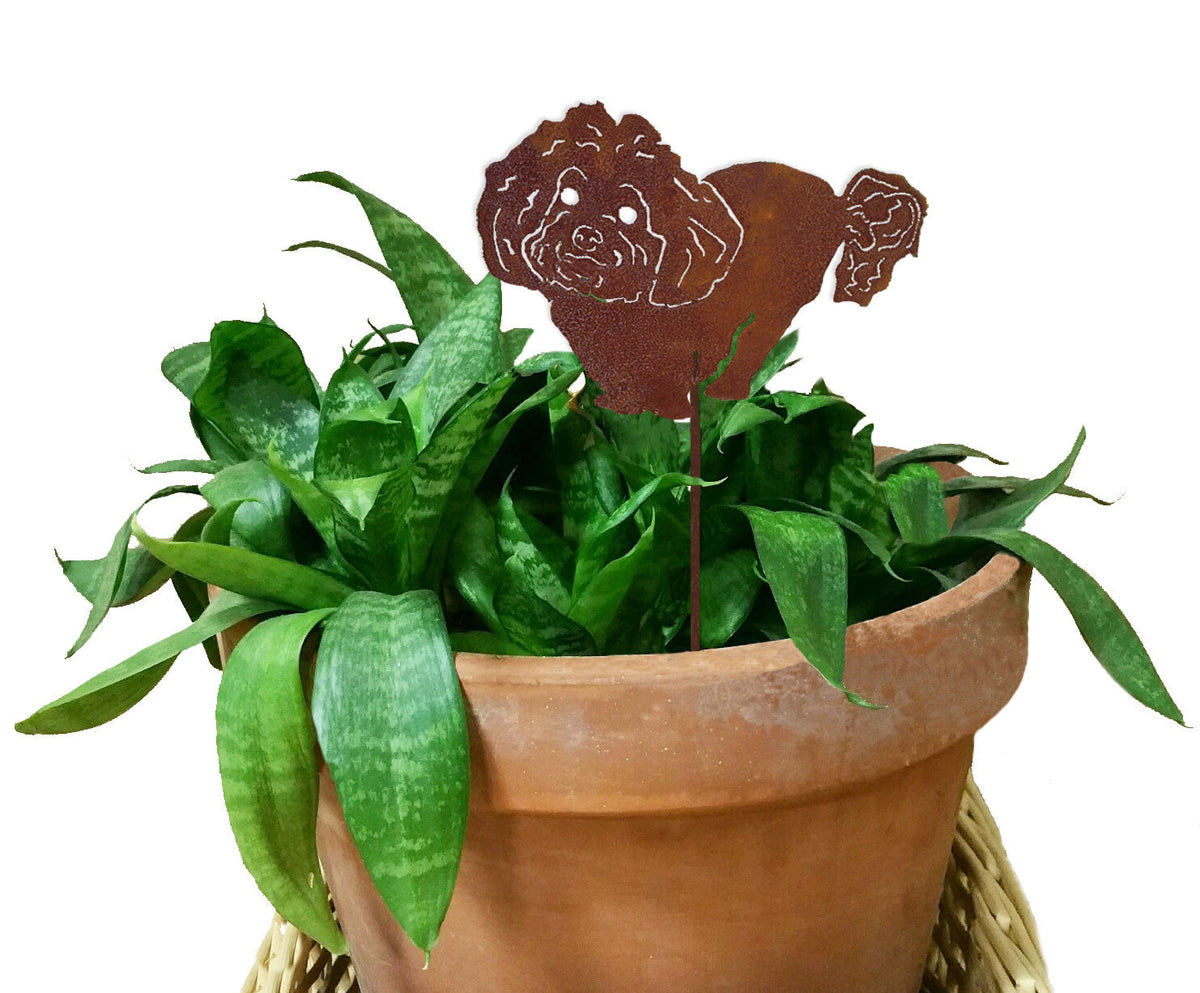 Bichon Frise Plant Stake in rusted brown metal by Rustica Ornamentals for garden decor on Tampa Home & Garden Store