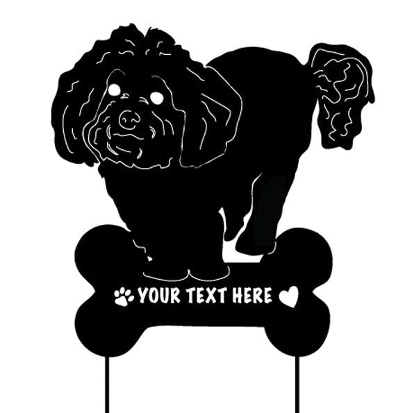 Bichon Frise black metal garden stake sculpture with bone base and customizable text on Tampa Home & Garden Store