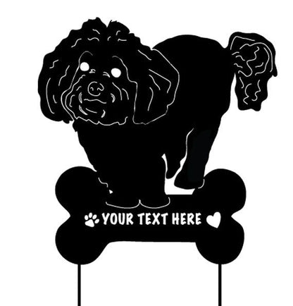 Bichon Frise black metal garden stake sculpture with bone base and customizable text on Tampa Home & Garden Store