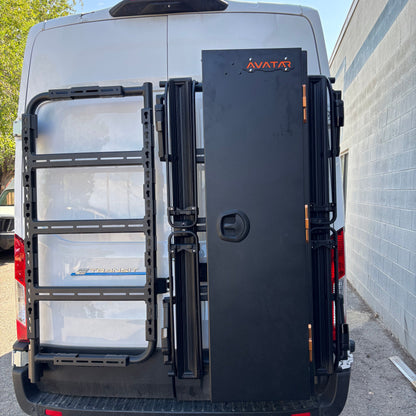 Avatar Centi Van Storage Box mounted on a black rack at rear of white van with Avatar logo on Tampa Home & Garden Store