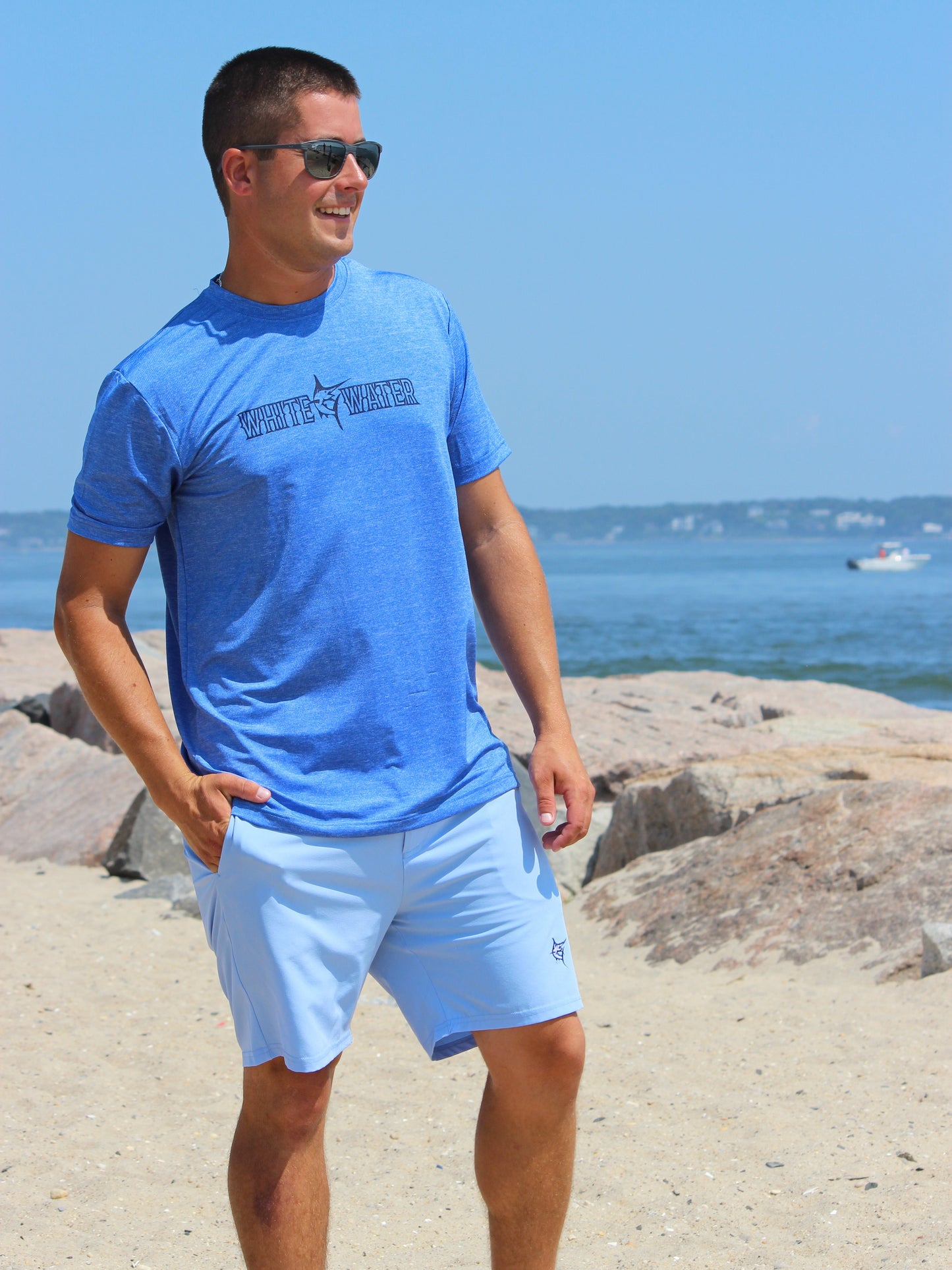 Bimini Primary Performance Tee blue short sleeves with White Water Life logo on Tampa Home & Garden Store