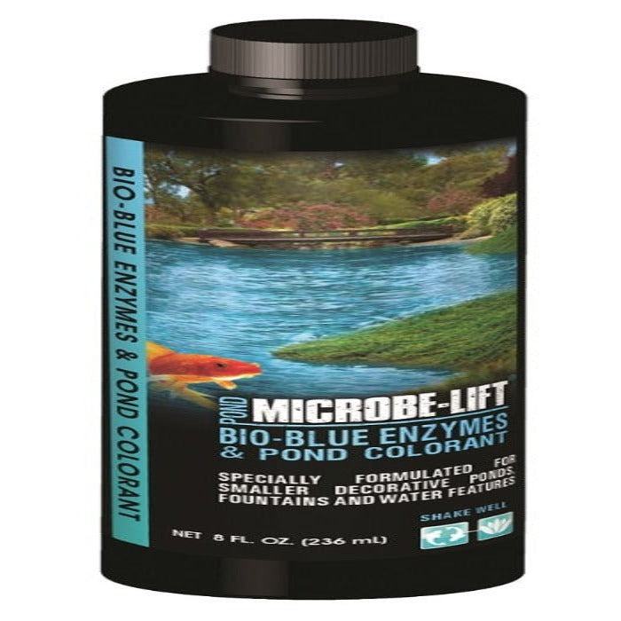 Microbe-Lift Bio Blue pond enzymes & colorant bottle; black plastic with koi pond label on Tampa Home & Garden Store