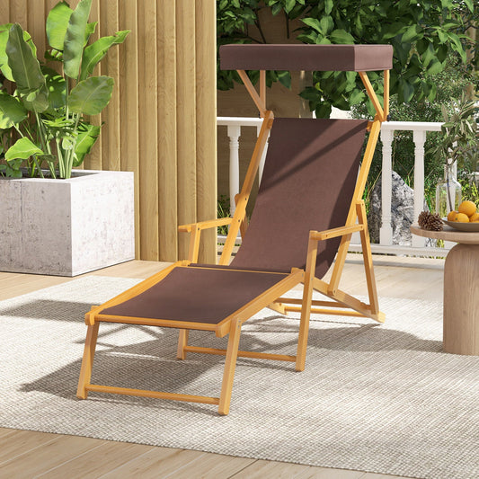 Birch Wood Chaise Lounge Chair Foldable Beach Chair with Adjustable Canopy-Brown - Tampa Home & Garden Store