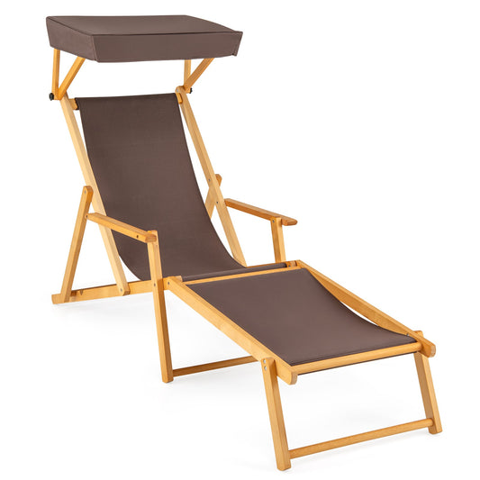 Birch Wood Chaise Lounge Chair Foldable Beach Chair with Adjustable Canopy-Brown - Tampa Home & Garden Store