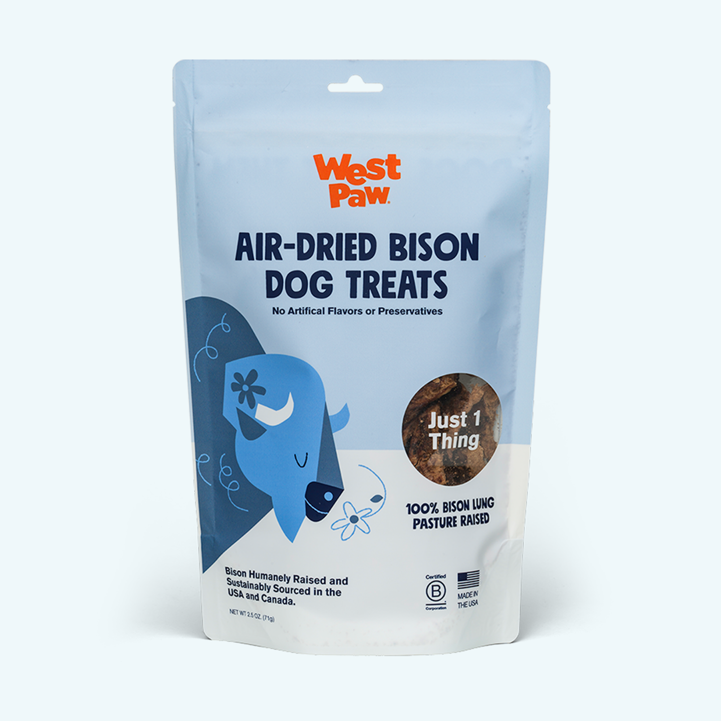 Bison Lung dog treats bag by West Paw, air-dried, blue packaging with logo on Tampa Home & Garden Store